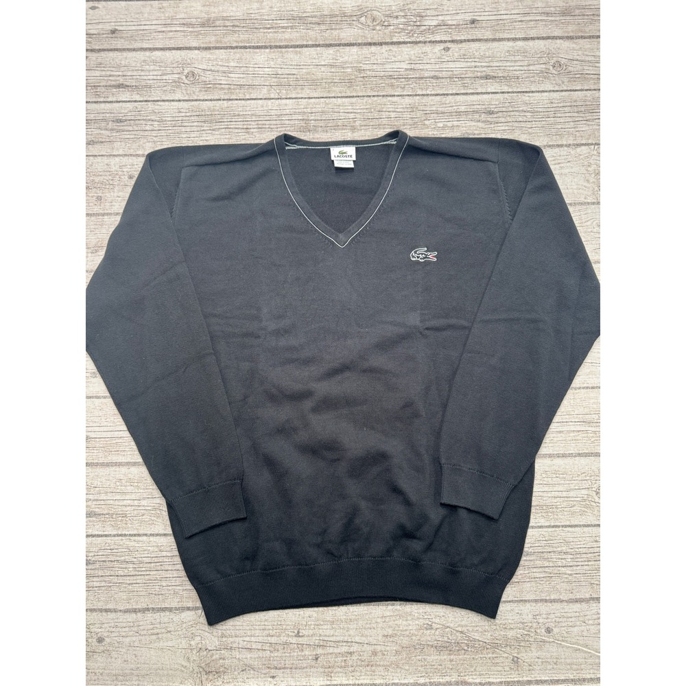 Vintage Lacoste Sweater Mens 7 Black Long Sleeve Knit V-Neck Pullover Preppy 90s
